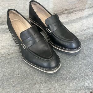 Bernardo Black Leather Slip-On Loafers with White Stitching